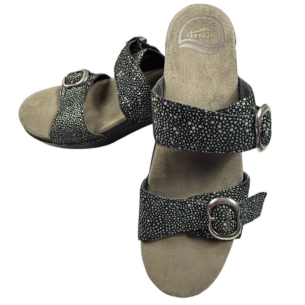 Dansko Black Silver Stingray Embossed Leather Wedge Slide Sandals Womens 39